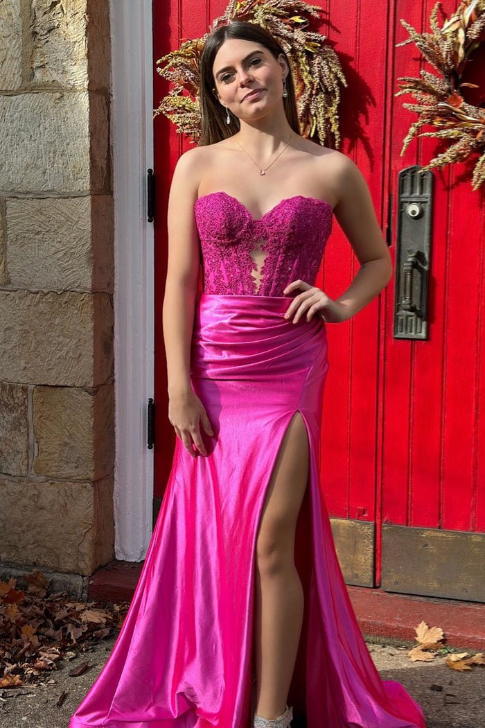 2025 Long Magenta Formal Dress Fuchsia Prom Dress Satin Strapless - MyChicDress