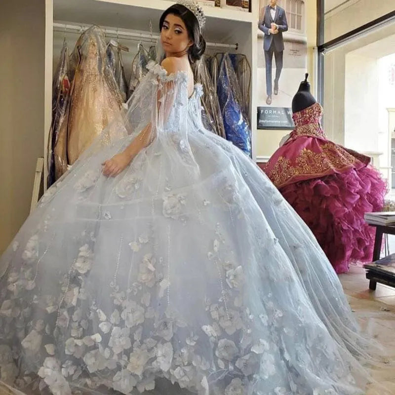 Puffy Off Shoulder Light Blue Quinceanera Dresses Flowers with Cape