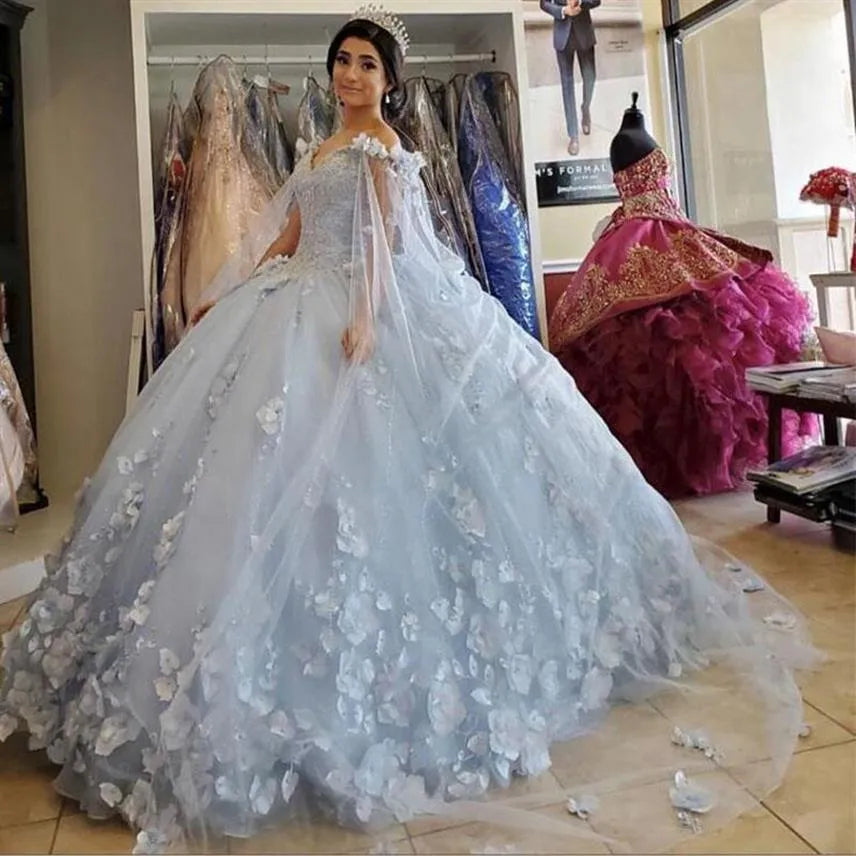 Puffy Off Shoulder Light Blue Quinceanera Dresses Flowers with Cape