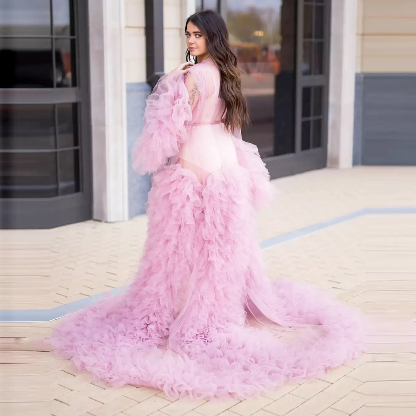 Puffy Pink Tulle Maternity Photo Shoot Women Night Robe Sleepwear Gown - MyChicDress