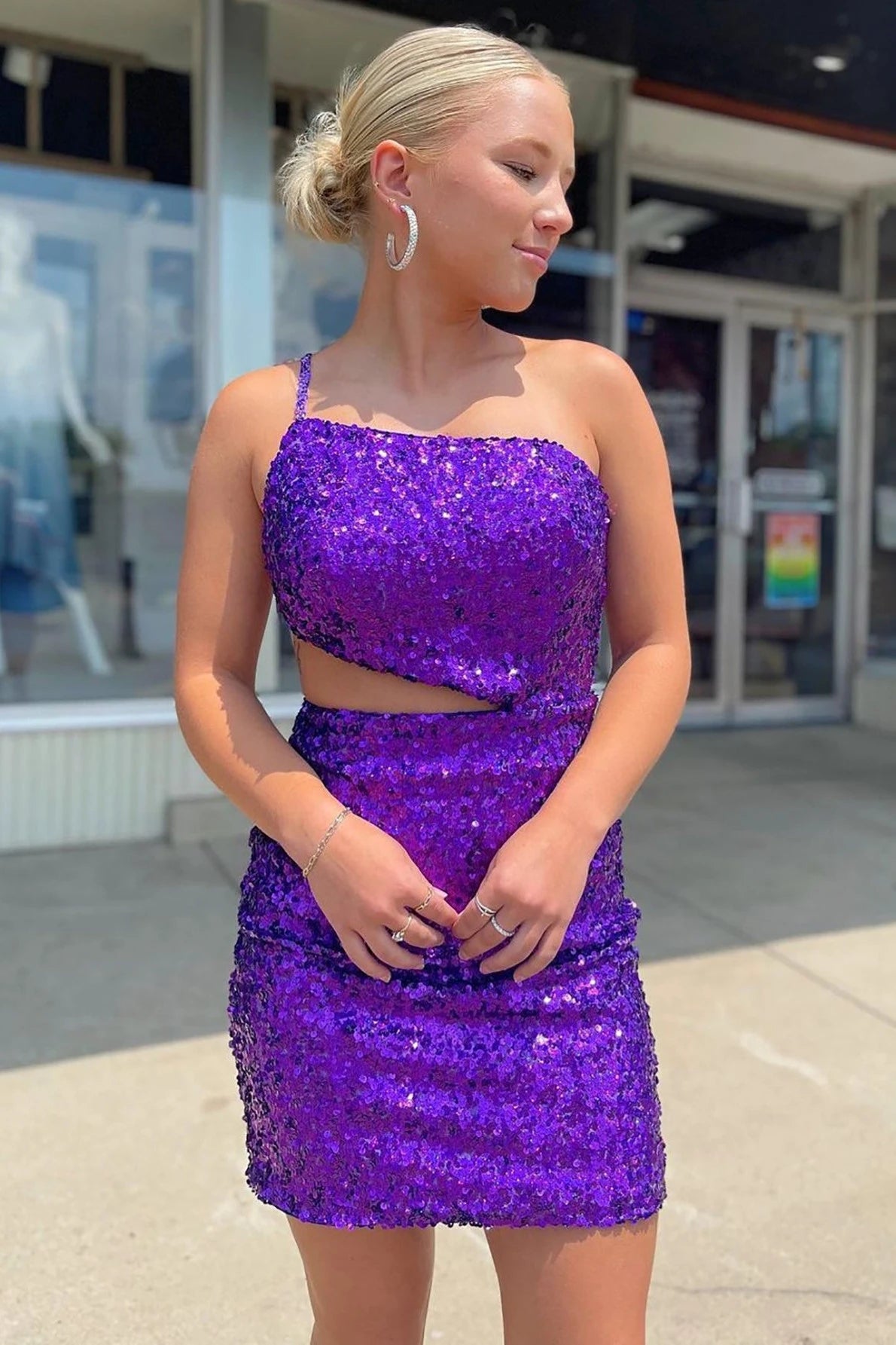 Purple Homecoming Dress One Shoulder Sequin Cutouts Tight Mini Dress MyChicDress