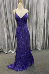 Purple Sequins Mermaid Prom Dress Slit Long Evening Gown Sleeveless MyChicDress