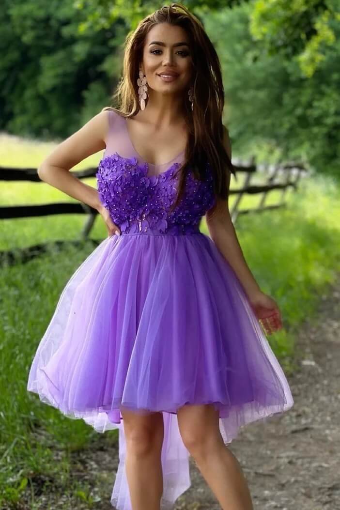 Purple Short Homecoming Dress Hi-Low Flowers V Neck Hoco Dress MyChicDress