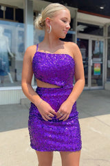 2024 Purple Homecoming Dress One Shoulder Sequin Cutouts Tight Mini Dress