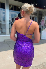 2024 Purple Homecoming Dress One Shoulder Sequin Cutouts Tight Mini Dress