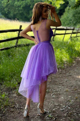 2024 Purple Short Homecoming Dress Hi-Low Flowers V Neck Hoco Dress