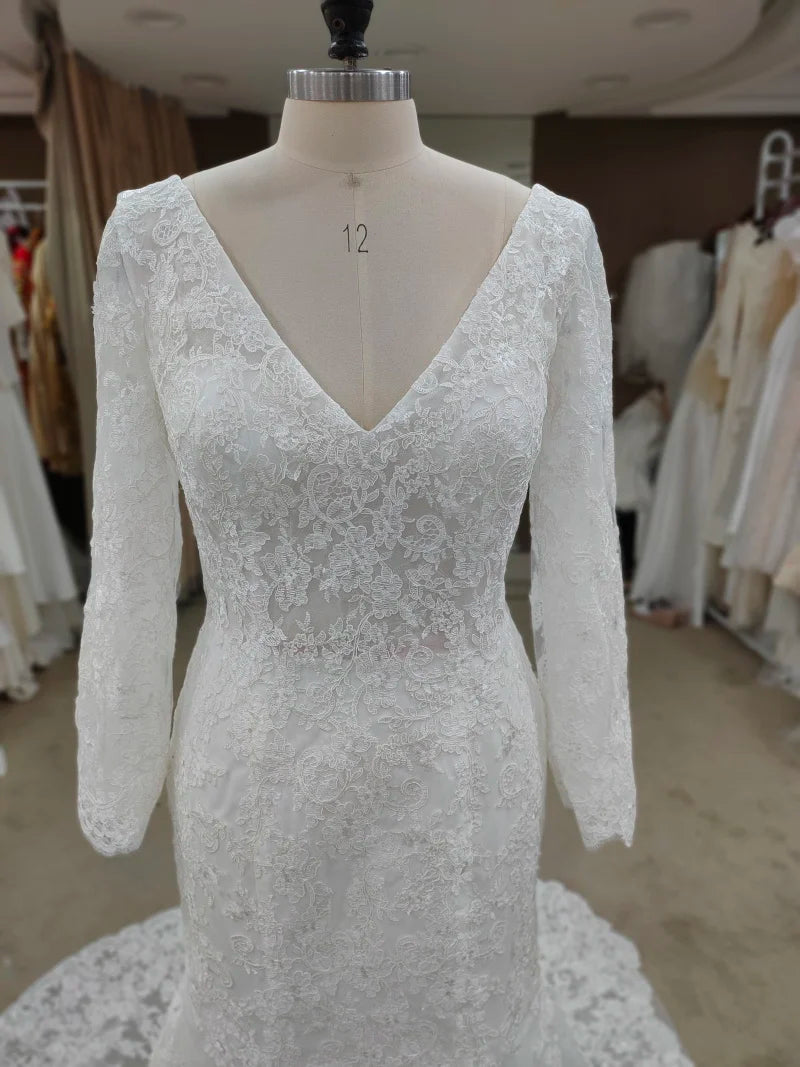 REAL Bohemian Simple Lace Wedding Dress V-Neck Long Sleeve - MyChicDress