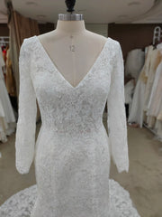 REAL Bohemian Simple Lace Wedding Dress V-Neck Long Sleeve