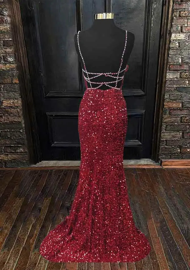 red Sequin Beaded Mermaid Prom Dresses Spaghetti Straps