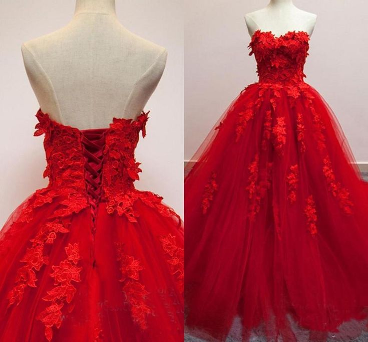 Red Sweetheart Prom Dresses Tulle Applique Ball Gown Quinceanera Dresses MyChicDress