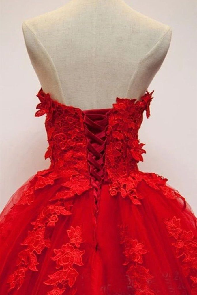 Red Sweetheart Prom Dresses Tulle Applique Ball Gown Quinceanera Dresses MyChicDress