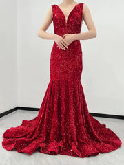 Red Velvet Sequin Prom Dresses Straps V Neck Mermaid Evening Dress MyChicDress