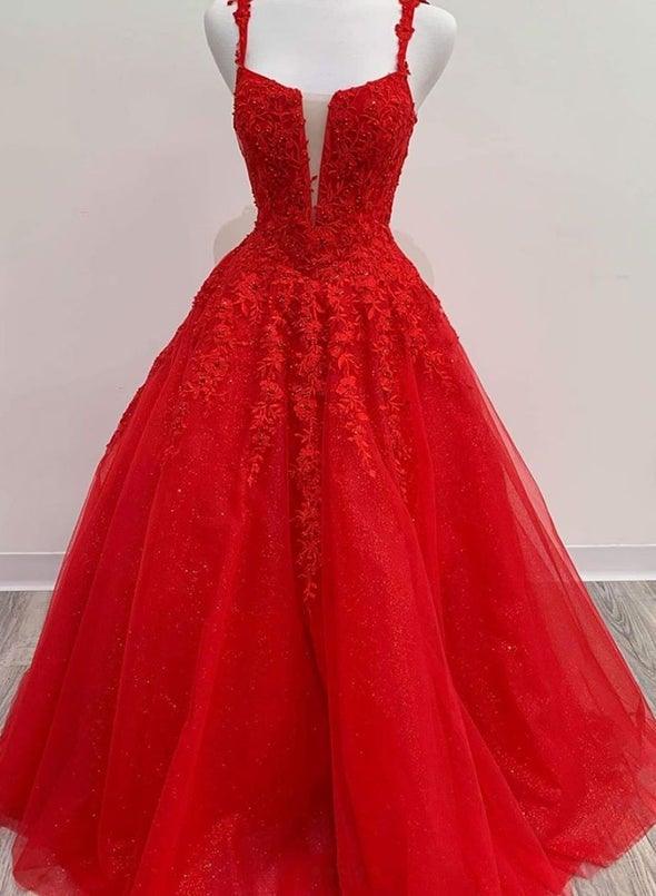 Red Long Prom Dress Lace Appliques A Line Evening Dress UK - MyChicDress