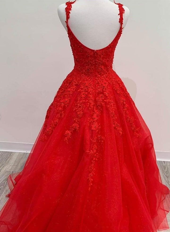 Red Long Prom Dress Lace Appliques A Line Evening Dress UK - MyChicDress