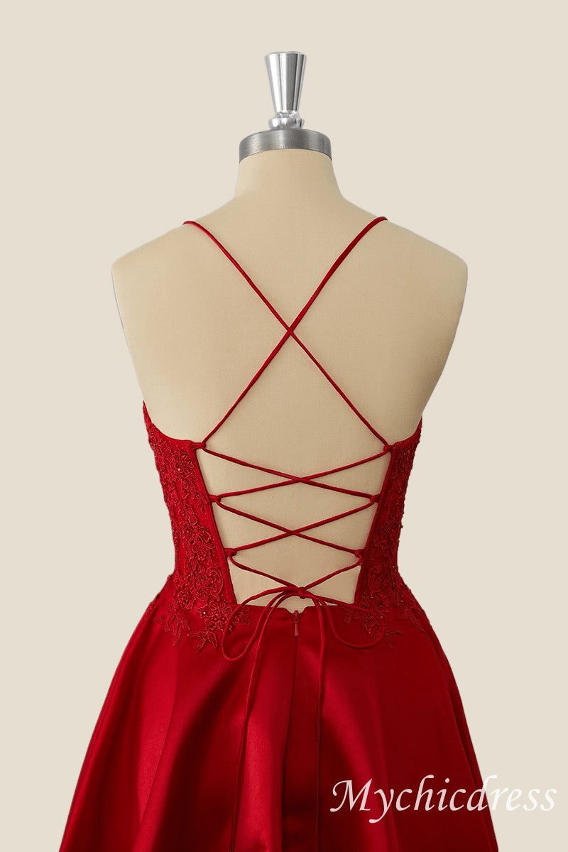 Red Short A-Line 2025 Homecoming Dress Lace Satin Appliques - MyChicDress