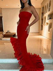 Red Strapless Prom Dresses Ruffles Mermaid Sleeveless Long Evening Gown