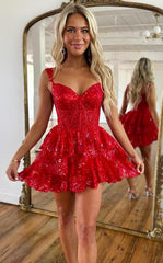 Red Short Homecoming Dress Straps Sequined Prom Dress Tulle Multi-Layers - MyChicDress