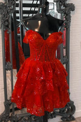 Red Short Homecoming Dress Straps Sequined Prom Dress Tulle Multi-Layers