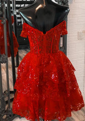 Red Short Homecoming Dress Straps Sequined Prom Dress Tulle Multi-Layers