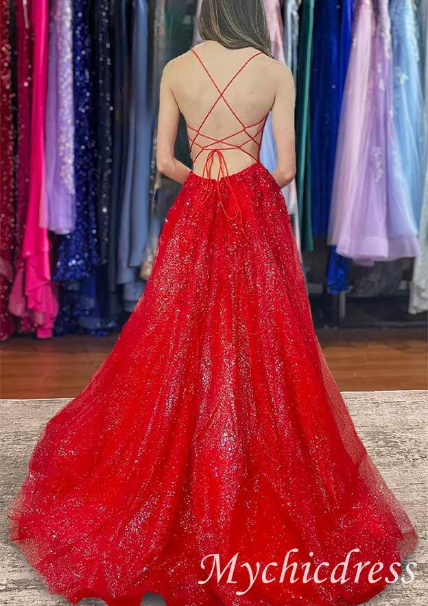 Red V Neck Lace Sequin Prom Dresses with split - MyChicDress