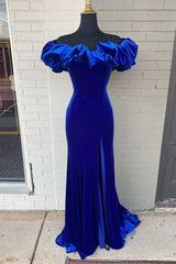 Royal Blue Long Formal Dress Winter Velvet Ruffle Off Shoulder with Slit MyChicDress