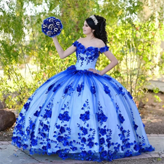 Royal Blue Quinceanera Dresses Princess Beaded Pearls Sweet 15 Dress 3D Flowers MyChicDress