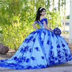 Royal Blue Quinceanera Dresses Princess Beaded Pearls Sweet 15 Dress 3D Flowers MyChicDress