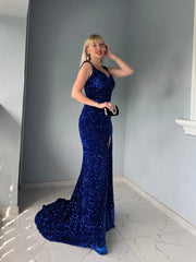 Royal Blue Velvet Sequin Prom Dresses V Neck Mermaid Slit Women Dress MyChicDress