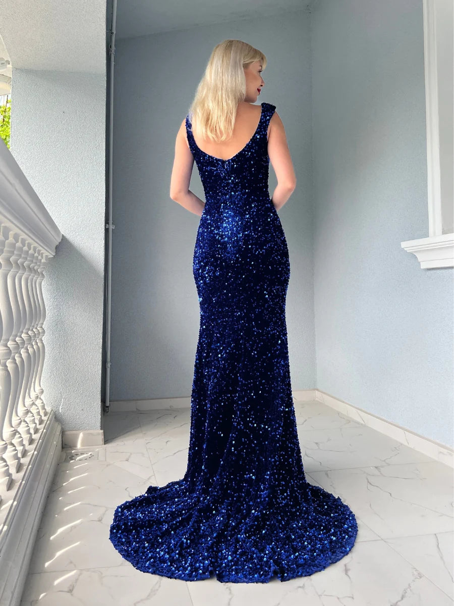 Royal Blue Velvet Sequin Prom Dresses V Neck Mermaid Slit Women Dress MyChicDress