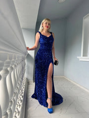 Royal Blue Velvet Sequin Prom Dresses V Neck Mermaid Slit Women Dress MyChicDress