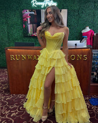 Ruffles Strapless 2025 Tiered prom Dress Yellow Lace Chiffon Split