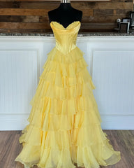 Ruffles Strapless 2025 Tiered prom Dress Yellow Lace Chiffon Split