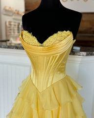 Ruffles Strapless 2025 Tiered prom Dress Yellow Lace Chiffon Split