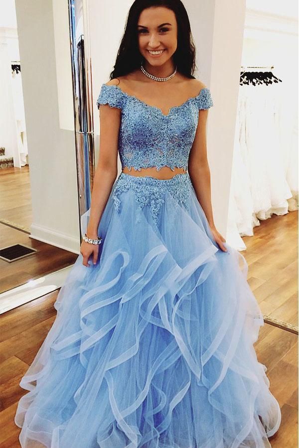 Ruffles Two Pieces Blue Lace Prom Dress Off Shoulder - MyChicDress