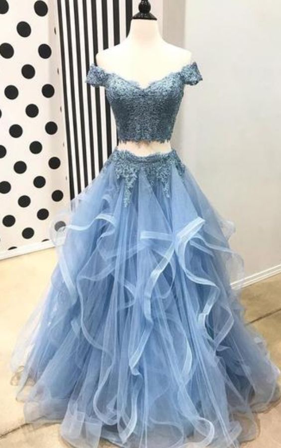 Ruffles Two Pieces Blue Lace Prom Dress Off Shoulder - MyChicDress