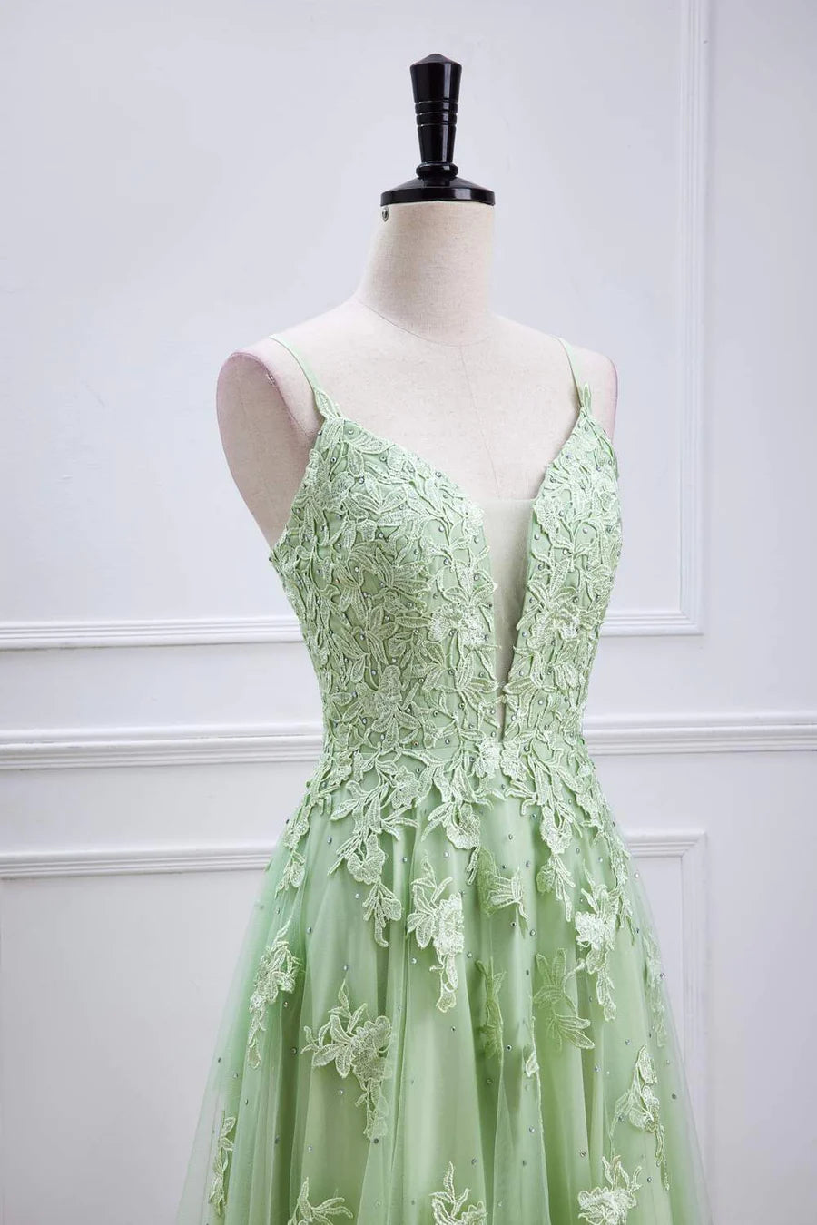 Sage Green Long Prom Dresses Lace Appliques V Neck Lace-Up - MyChicDress