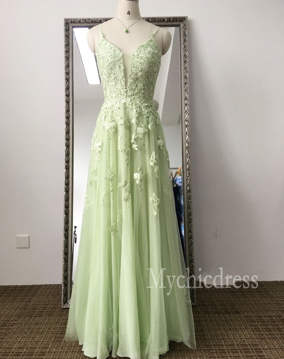 Custom Made Lace Sage Green Long Formal Dresses A Line - MyChicDress