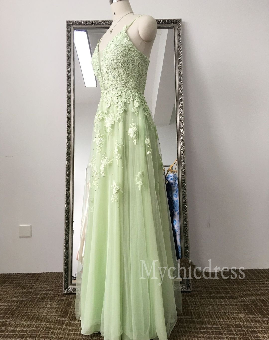 Custom Made Lace Sage Green Long Formal Dresses A Line - MyChicDress