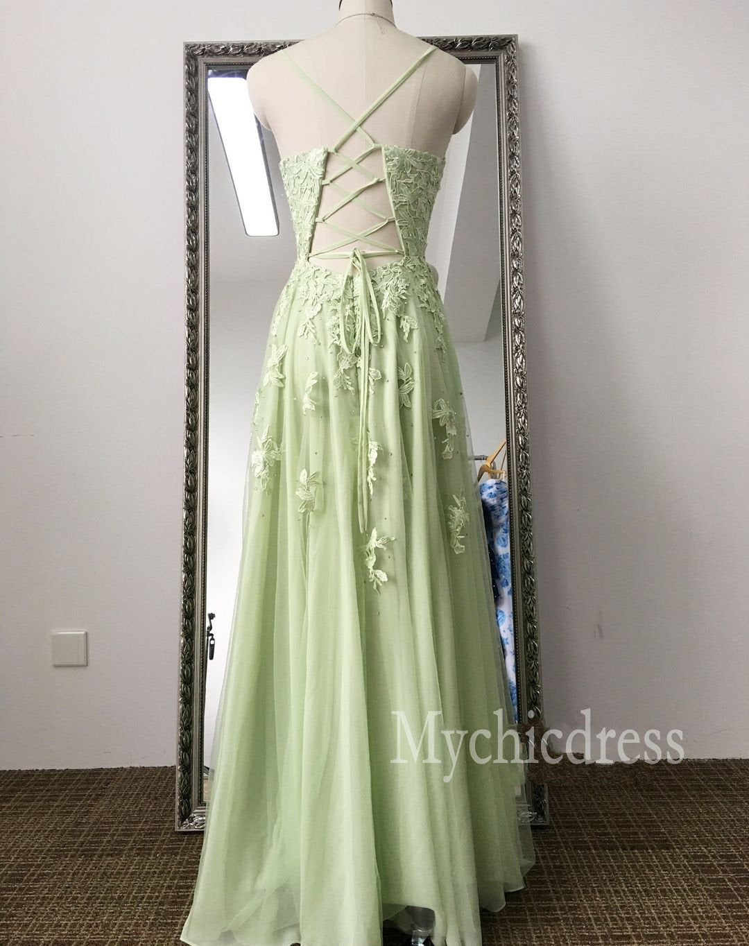 Custom Made Lace Sage Green Long Formal Dresses A Line - MyChicDress