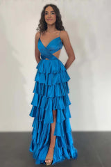 2025 Satin Red Layered Prom Formal Dress Spaghetti Straps V-Neck