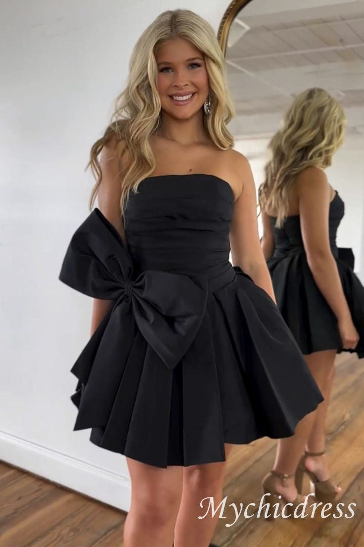 Satin Black Little Dresses for Homecoming Strapless Short Grad Dresses - MyChicDress