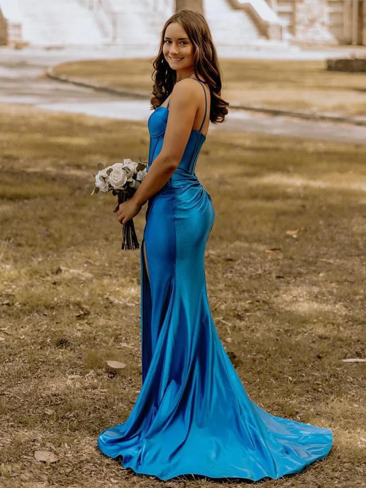 Satin Blue Corset Formal Wedding Guest Dresses Long Mermaid with slit - MyChicDress