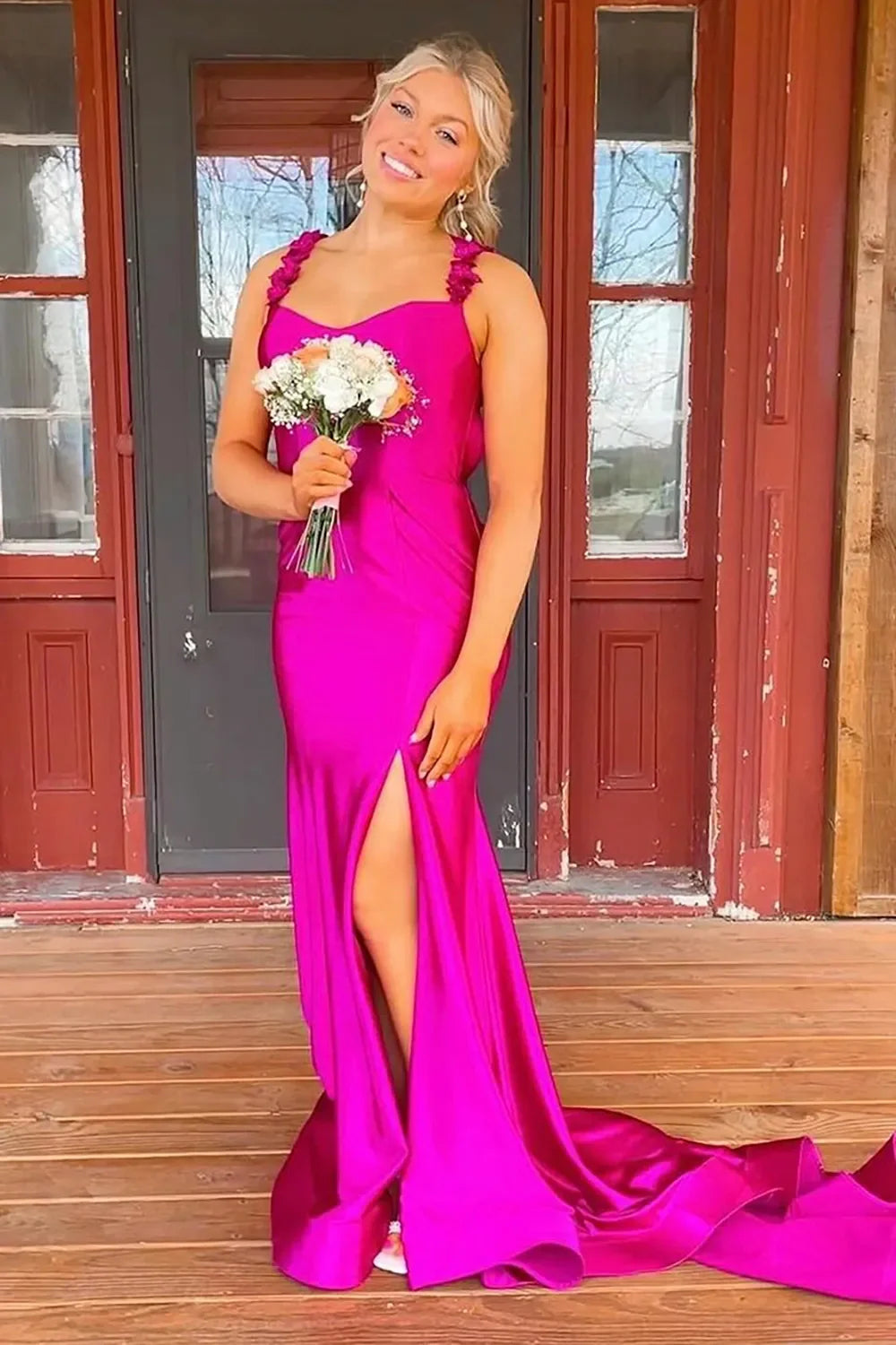 Satin Long Prom Dress Red Mermaid with Flower Straps