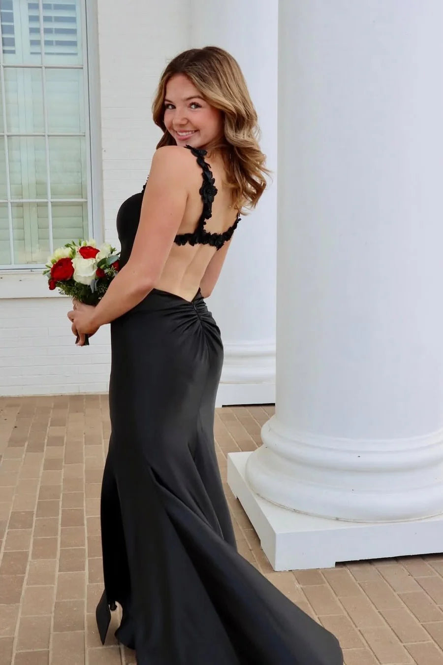 Satin Long Prom Dress Red Mermaid with Flower Straps