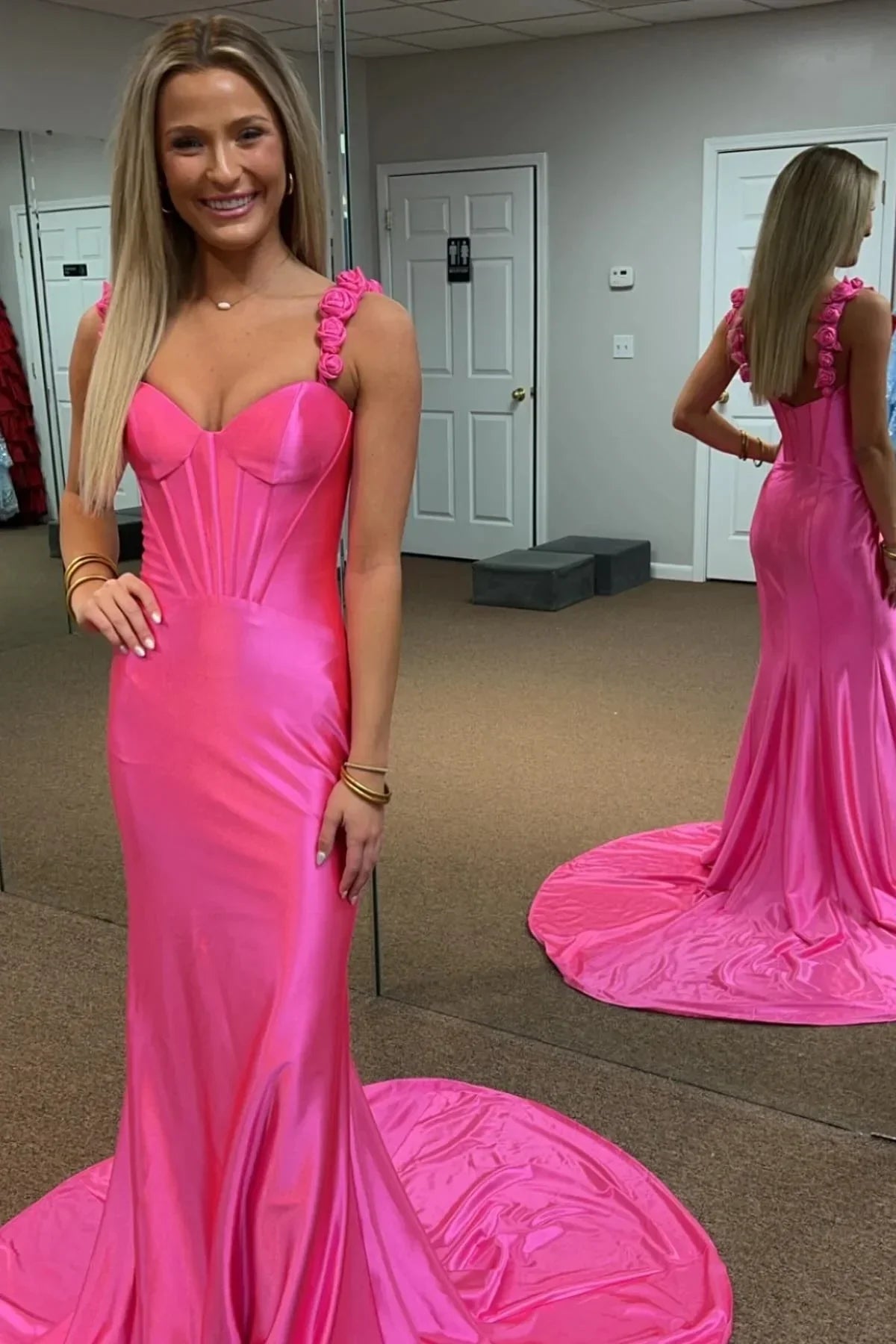 Satin Long Prom Dress Red Mermaid with Flower Straps