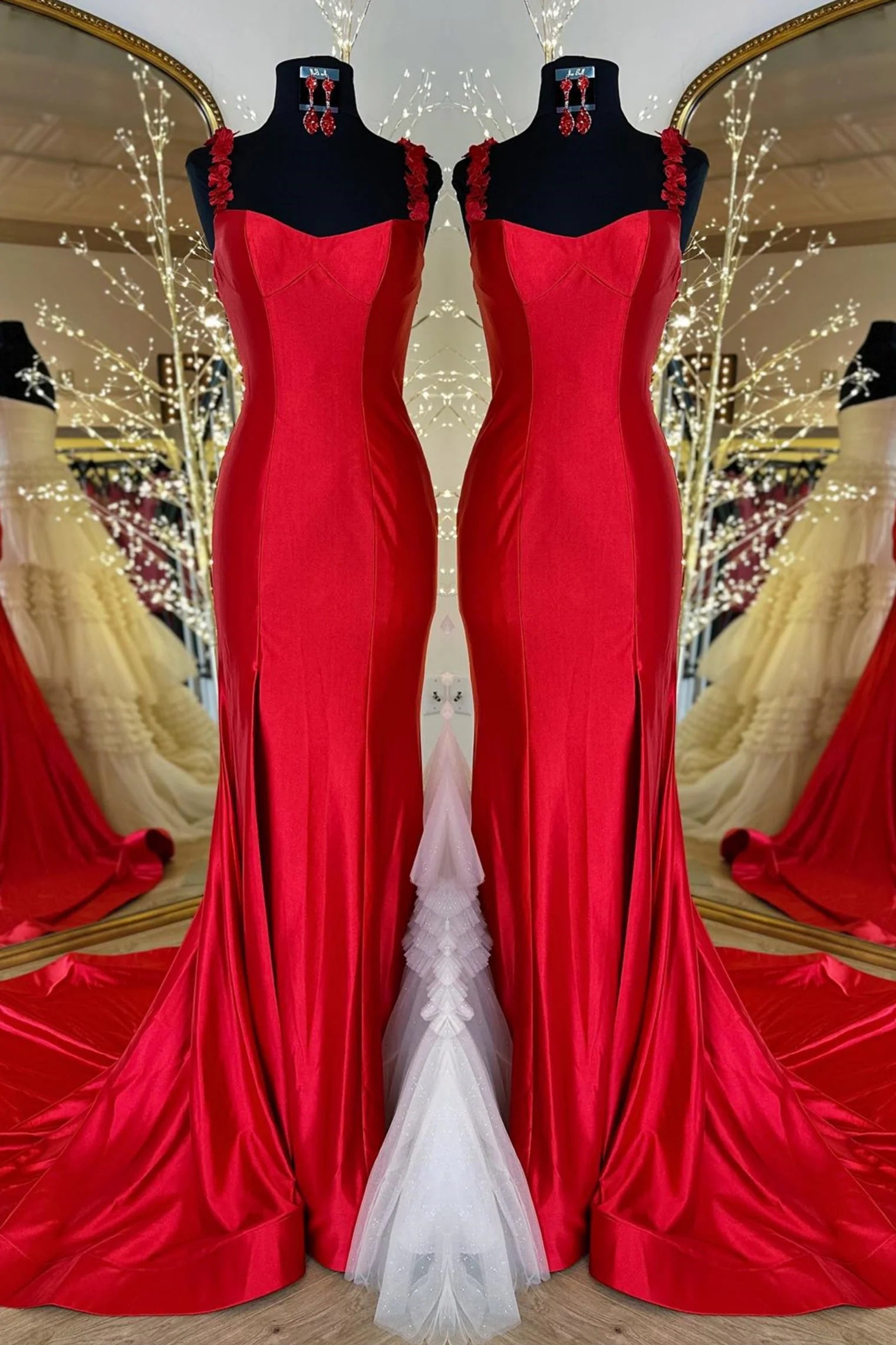 Satin Long Prom Dress Red Mermaid with Flower Straps