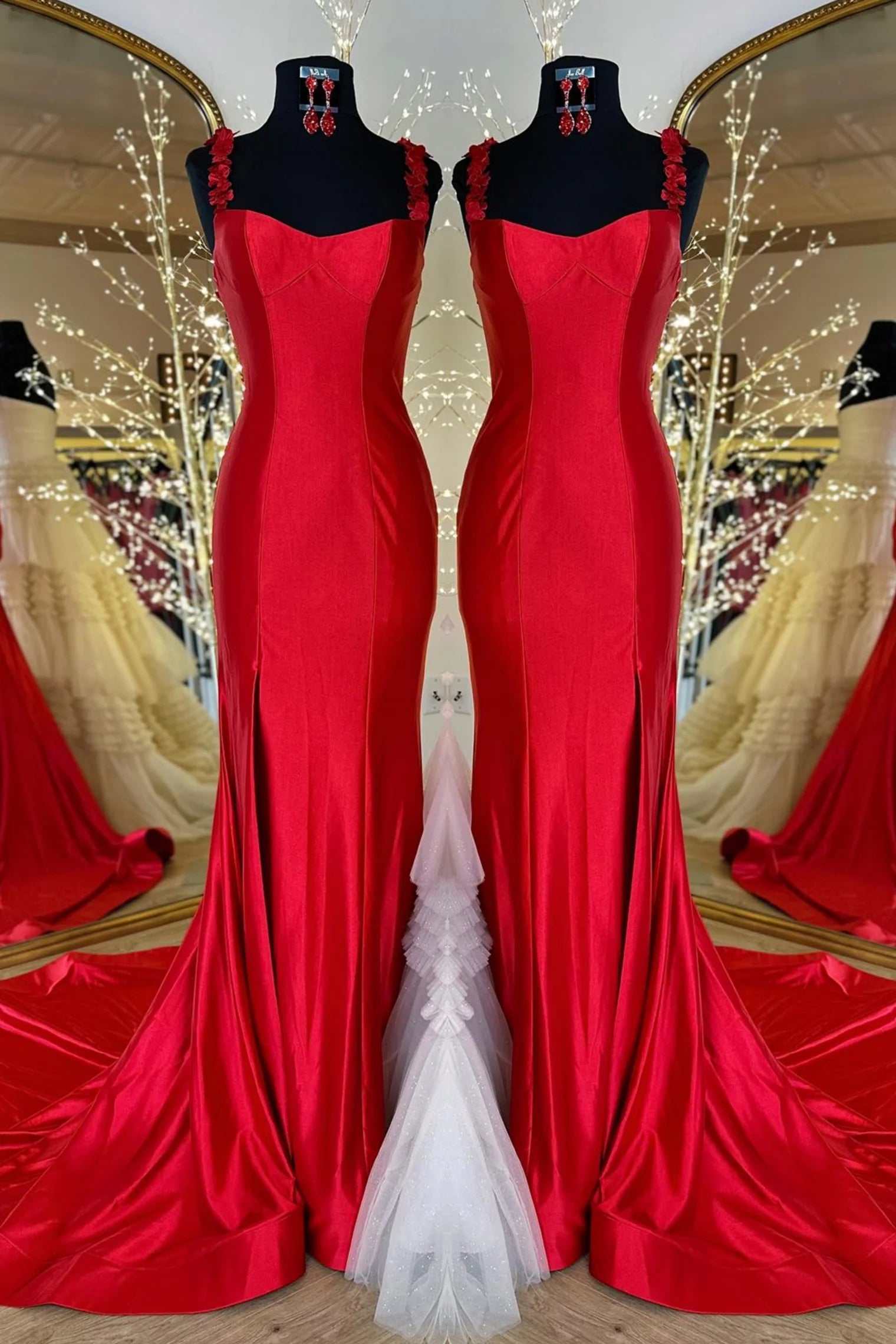 Satin Long Prom Dress Red Mermaid with Flower Straps - MyChicDress