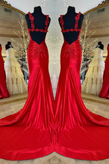 Satin Red Long Prom Dress Mermaid with Flower Straps