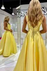 Satin Long 2024 Prom Dress Yellow A Line Formal Dress V Neck With Pocket