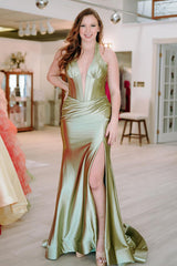 Satin Sage Green Prom Dress Mermaid Halter Wedding Guest Dress